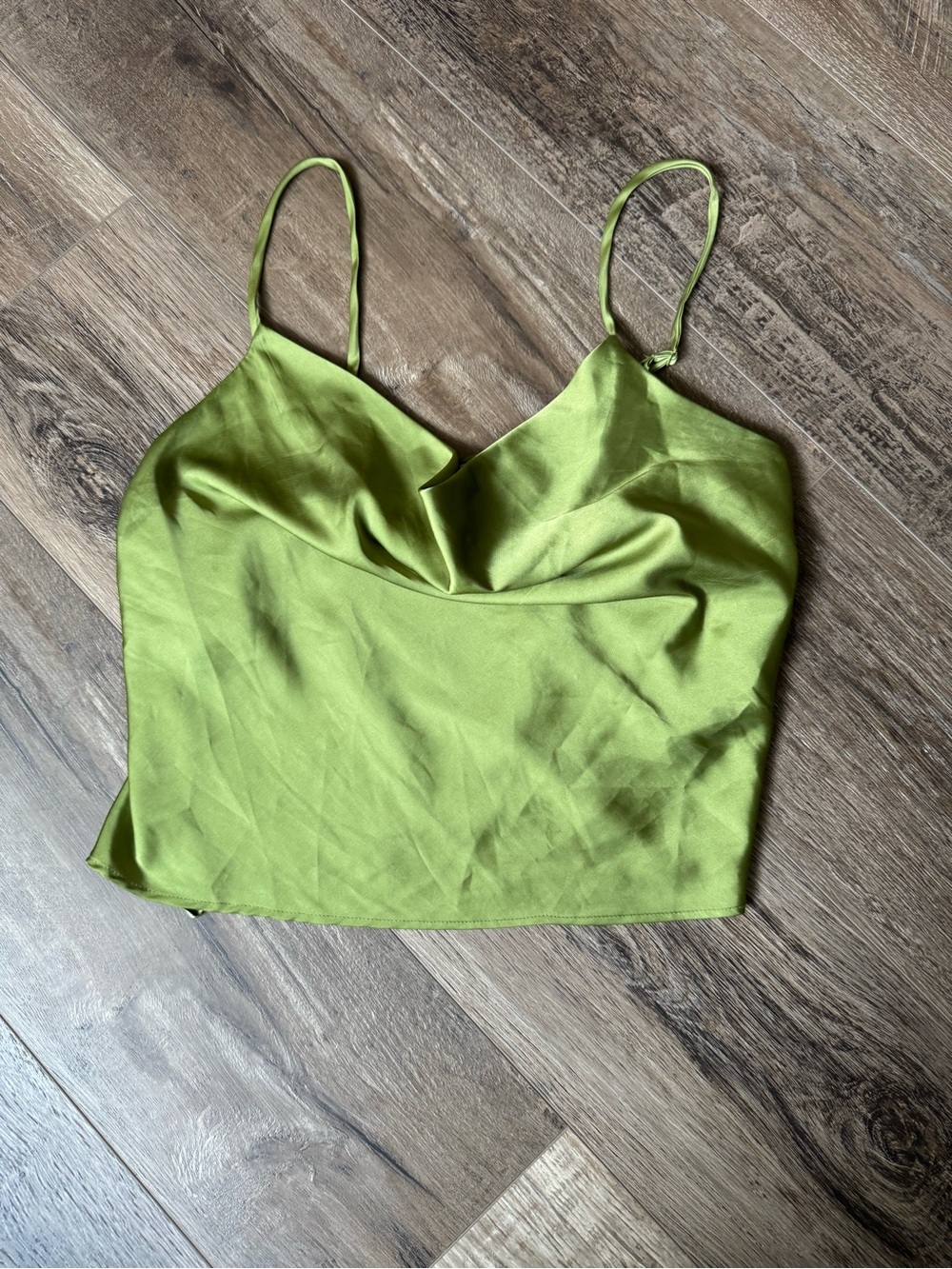 OLM Lime Satin Cowl Neck Spaghetti Strap Crop Top - Women